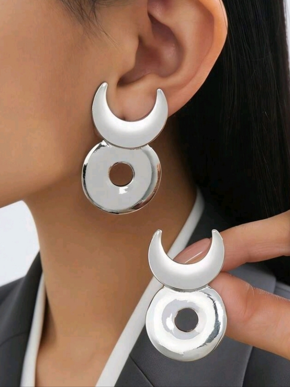 NEW! Minimalist Silver Crescent & Circle Drop Post Earrings - Women Jewelry